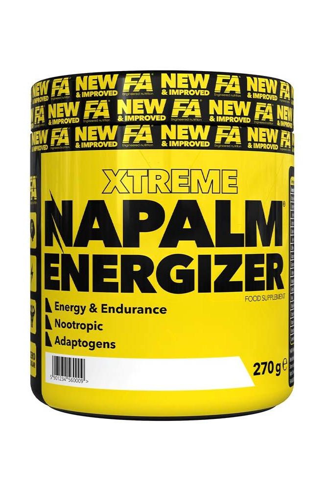 FA NAPALM Energizer pre-workout supplement with energy and endurance support in a yellow container