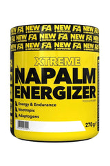 FA NAPALM Energizer pre-workout supplement with energy and endurance support in a yellow container