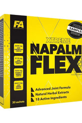 FA Fitness Authority NAPALM Flex supplement box with 30 sachets, featuring advanced joint formula and 18 active ingredients.