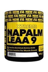 FA Fitness Authority Napalm LEAA9 supplement with extra leucine for muscle growth and amino acids, 240g container.