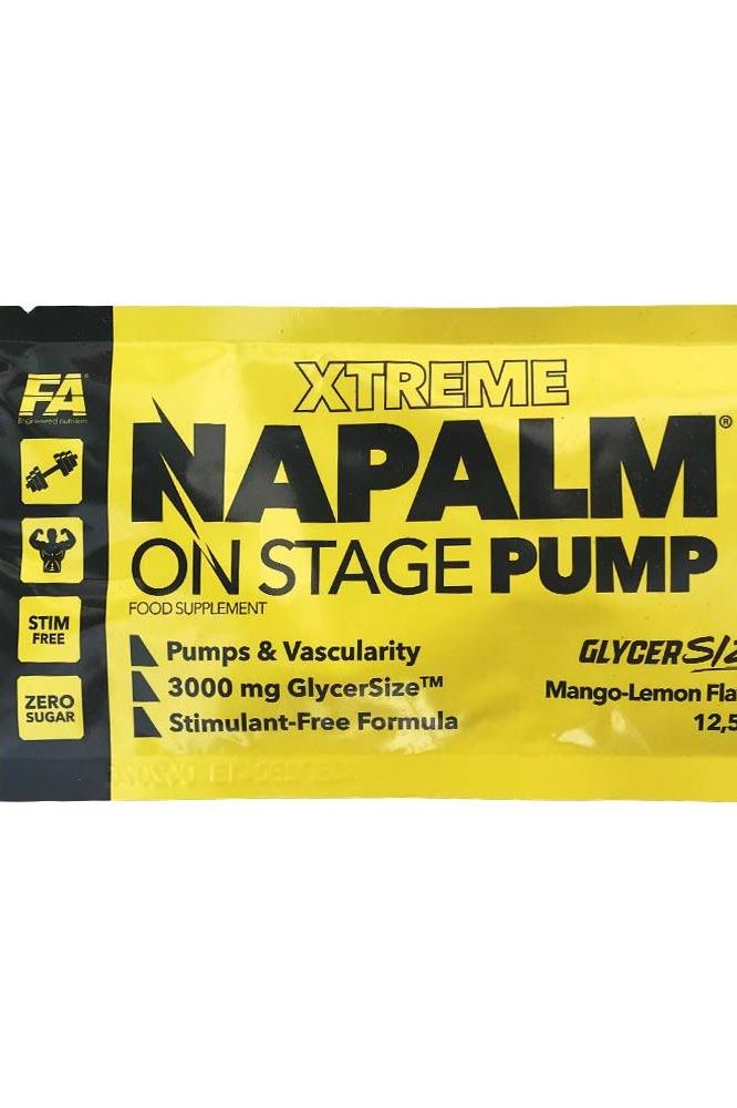 FA NAPALM On Stage Pump sample pack in Mango Lemon flavor, designed for energy and muscle pump.