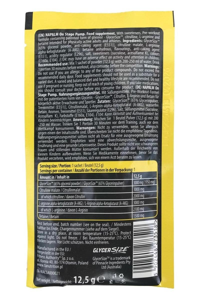 Nutrition label and ingredient list for FA - Fitness Authority NAPALM On Stage Pump Mango Lemon supplement sample. Nutrition label and ingredient list for FA - Fitness Authority NAPALM On Stage Pump Mango Lemon supplement sample.