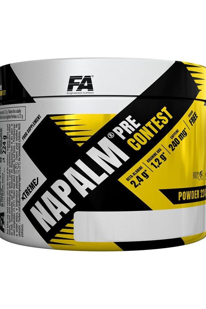 FA Napalm Precontest supplement powder container featuring black and yellow design for enhanced performance.