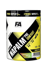 FA Fitness Authority Napalm Precontest powder container for enhanced workout performance and recovery.