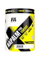 FA Napalm Precontest powder for enhanced energy, endurance, and muscle recovery, 500g container.