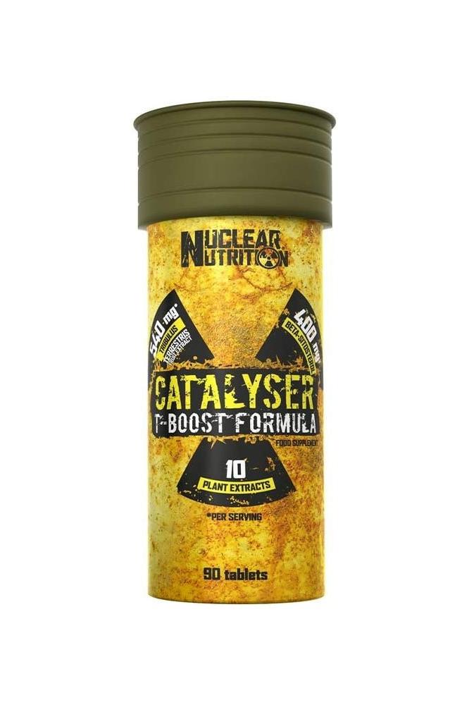 Nuclear Nutrition Catalyser bottle with 90 tablets, featuring T-Boost formula and plant extracts for fitness support.