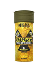 Nuclear Nutrition Catalyser bottle with 90 tablets, featuring T-Boost formula and plant extracts for fitness support.