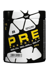 FA Fitness Authority Pre Energizer supplement jar for increased energy, endurance, and focus before workouts.