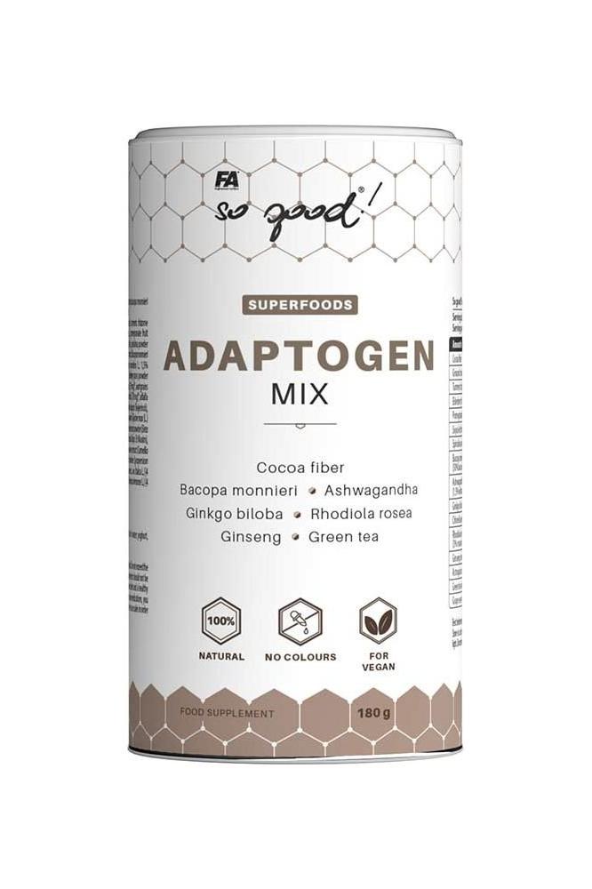 FA So Good! Adaptogen Mix canister with ingredients like Ashwagandha, Rhodiola, and Bacopa for stress support.