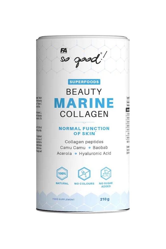 FA So Good! Beauty Marine Collagen canister with natural ingredients, promoting skin health and hydration.