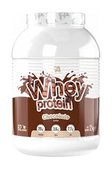 FA Fitness Authority Whey Protein chocolate flavor supplement with 20g protein per serving, 2kg container.