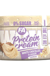 FA WOW! Protein Cream in white chocolate flavor, gluten-free, 0% sugar, and 21g protein per 100g.