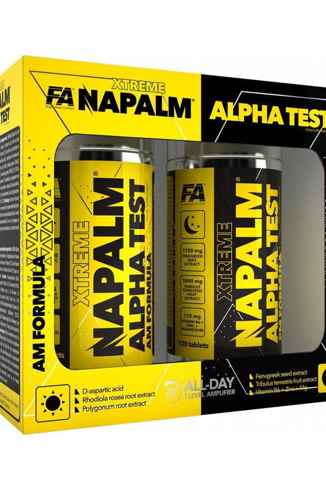 FA Xtreme Napalm Alpha Test dietary supplement packaging, featuring 240 tablets for all-day support and stress reduction.