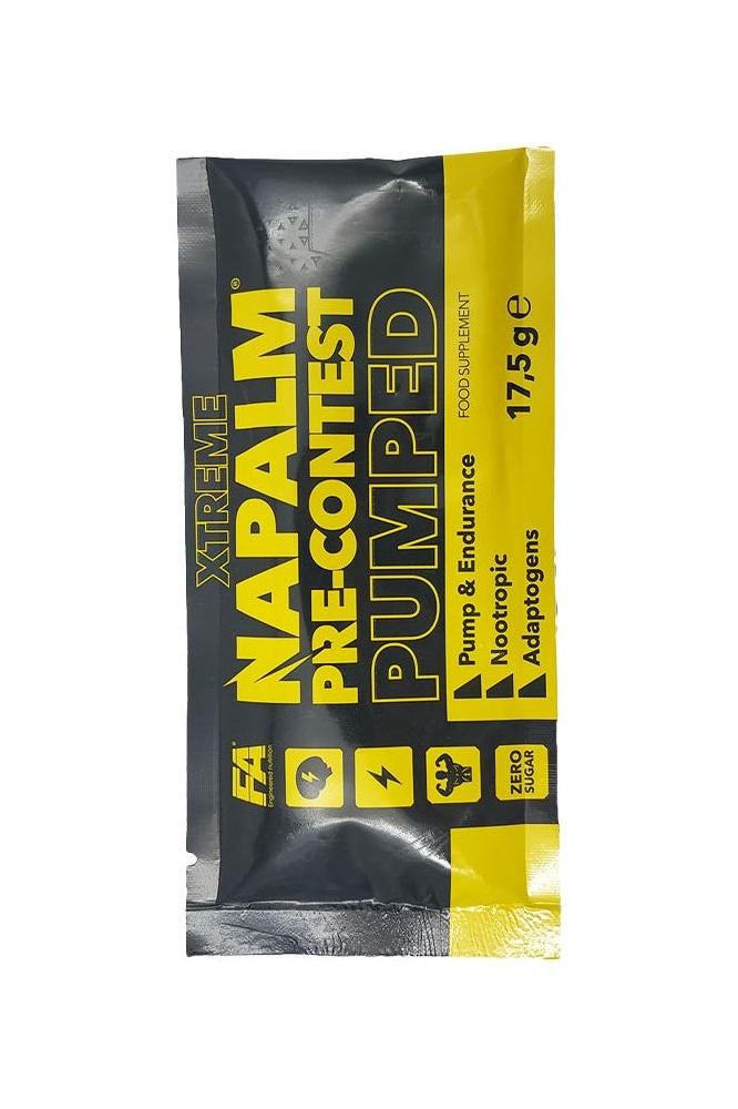 FA Xtreme Napalm Pre-Contest Pumped sample pack, 17.5g, featuring muscle pump and focus benefits.