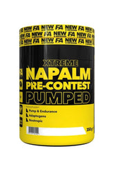 FA Xtreme Napalm Pre-Contest Pumped supplement canister for muscle pump, focus, and endurance support.