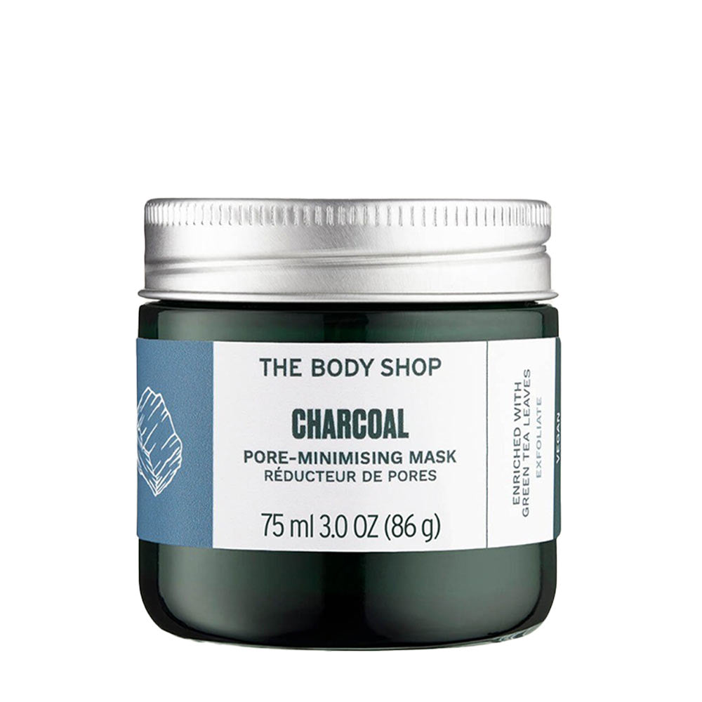 The Body Shop Charcoal Pore-Minimising Mask, 75ml jar for clean, radiant skin, enriched with tea tree oil and bamboo charcoal.