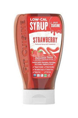 Fit Cuisine Low-Cal Strawberry Syrup in a 425 ml bottle, vegan, keto-friendly, low-sugar, gluten-free, fat-free option.