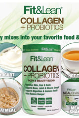 Fit & Lean Collagen Probiotics container with yogurt, oatmeal, and hot drink, promoting skin, hair, and digestive health.