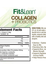 Fit & Lean Collagen Probiotics Supplement Facts label, detailing ingredients and nutritional benefits.