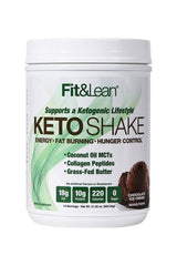 Fit & Lean Keto Shake in chocolate flavor, promotes energy, fat burning, and hunger control with nutritious ingredients.