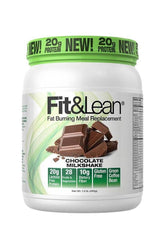 Fit & Lean Meal Replacement in chocolate flavor with 20g protein and ingredients for fat burning.