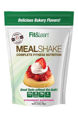 Fit & Lean Meal Shake Strawberry Shortcake flavor packaging with nutrition details and bakery theme.