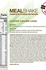Fit & Lean Meal Shake label showing Coffee Crumb Cake flavor, nutrition facts, and ingredient list.