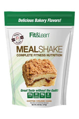 Fit & Lean Meal Shake packaging featuring Coffee Crumb Cake flavor, promoting high protein and fitness nutrition.
