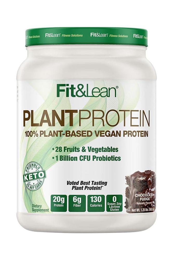 Fit & Lean Plant Protein tub featuring 100% plant-based, vegan protein, highlighting 20g protein, probiotics, and best taste award.