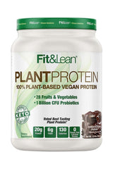 Fit & Lean Plant Protein tub featuring 100% plant-based, vegan protein, highlighting 20g protein, probiotics, and best taste award.