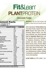Nutrition facts for Fit & Lean Plant Protein Chocolate Fudge flavor, highlighting ingredients and health benefits.