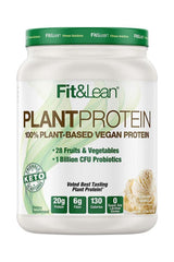 Fit & Lean Plant Protein container, 100% vegan, 20g protein, 28 fruits & veggies, lactose-free, award-winning taste.