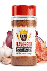 FlavorGod Bacon Lovers Seasoning bottle with garlic and onion, vegan alternative to traditional bacon flavor.