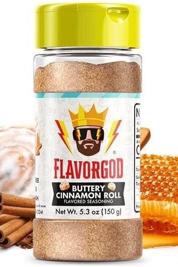 FlavorGod Buttery Cinnamon Roll Flavored Seasoning bottle with a vibrant label and cap, ideal for enhancing meals and desserts.