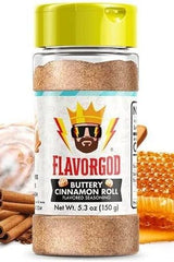 FlavorGod Buttery Cinnamon Roll Flavored Seasoning bottle with a vibrant label and cap, ideal for enhancing meals and desserts.