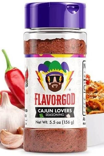 FlavorGod Cajun Lovers Seasoning bottle with spices and peppers, perfect for enhancing dishes with rich flavors.