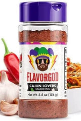 FlavorGod Cajun Lovers Seasoning bottle with spices and peppers, perfect for enhancing dishes with rich flavors.