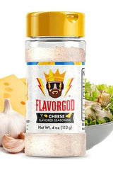 FlavorGod Cheese Flavored Seasoning bottle, vegan, lactose-free, with cheese, garlic, and salad in the background.
