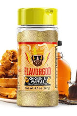 FlavorGod Chicken & Waffles Seasoning Topper bottle with delicious chicken and waffle background.