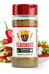 FlavorGod Chipotle Seasoning bottle with red cap, surrounded by fresh ingredients and spices.