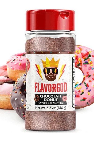 FlavorGod Chocolate Donut flavored seasoning bottle with colorful donuts in the background, 5.5 oz size.
