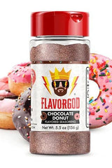 FlavorGod Chocolate Donut flavored seasoning bottle with colorful donuts in the background, 5.5 oz size.