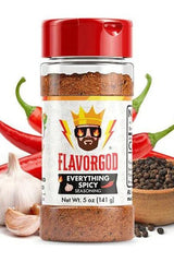 FlavorGod Everything Spicy Seasoning bottle with garlic, chili peppers, and spices.