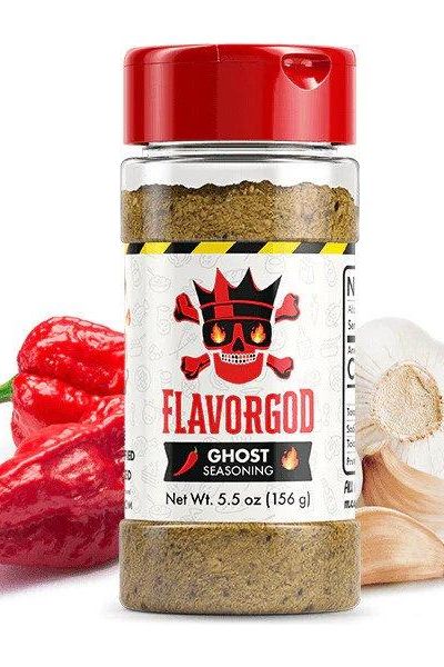 FlavorGod Ghost Seasoning bottle with spices and peppers, offering intense flavor and heat for adventurous cooks.
