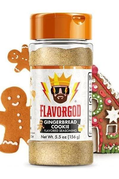 FlavorGod Gingerbread Cookie flavored seasoning with gingerbread cookies and a festive house.