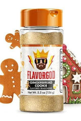 FlavorGod Gingerbread Cookie flavored seasoning with gingerbread cookies and a festive house.