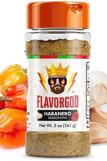 FlavorGod Habanero Seasoning bottle with colorful peppers and garlic, perfect for adding spicy flavor to meals.