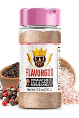 FlavorGod Himalayan Salt & Pink Peppercorn seasoning bottle, surrounded by various peppercorns and pink salt.