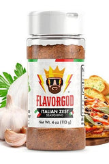 FlavorGod Italian Zest Seasoning jar with garlic, herbs, and pizza in the background, perfect for adding authentic Italian flavor.