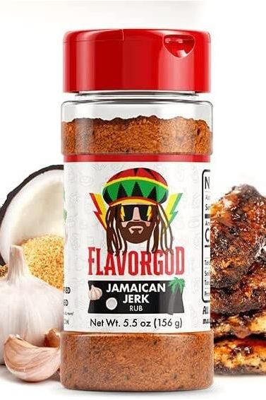 FlavorGod Jamaican Jerk Rub bottle, featuring spices and grilled meat, perfect for authentic Jamaican flavor.